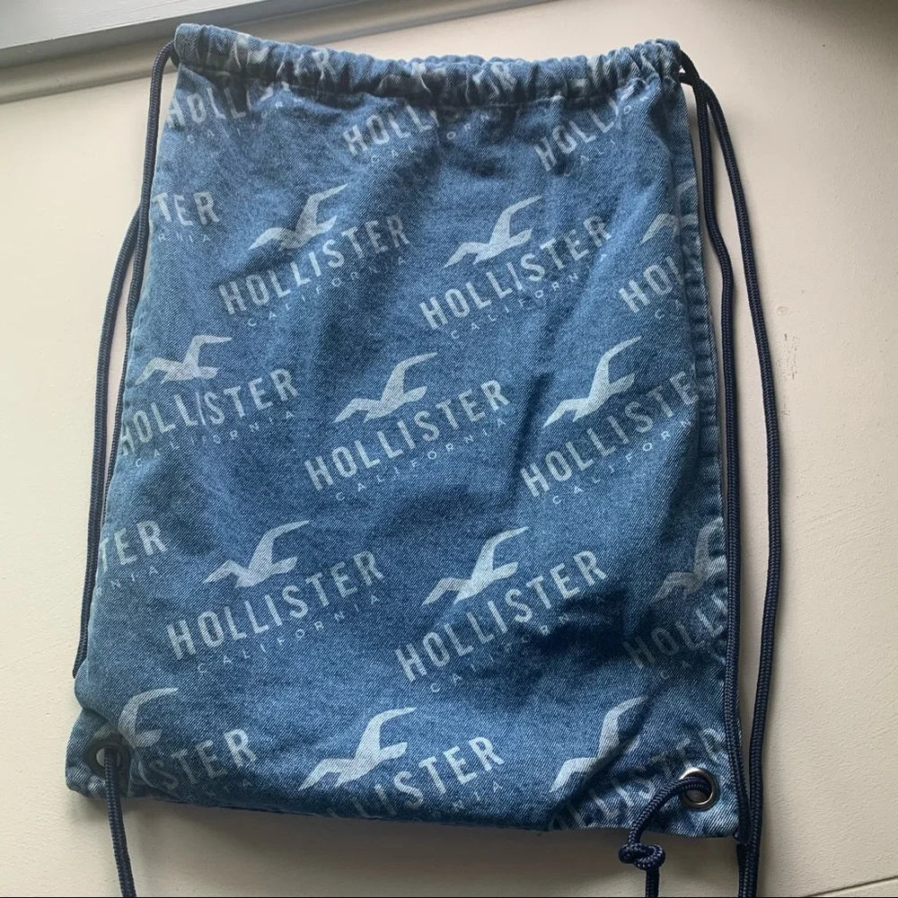 Hollister Denim Print Seagull Logo Drawstring Backpack Bag - Y2K Beach Cinch